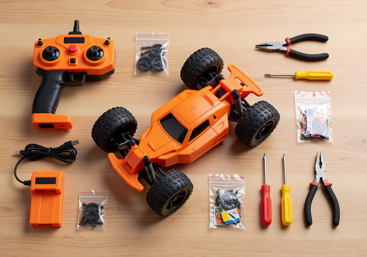 Beginner-friendly RC car kit with controller and accessories neatly arranged