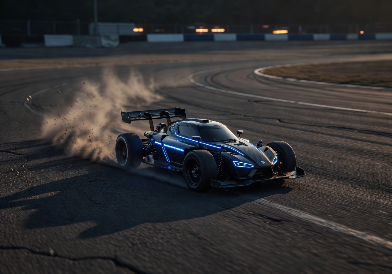 Cinematic view of Arcadehorizn Phantom X1 Pro RC car racing at high speed on an asphalt track