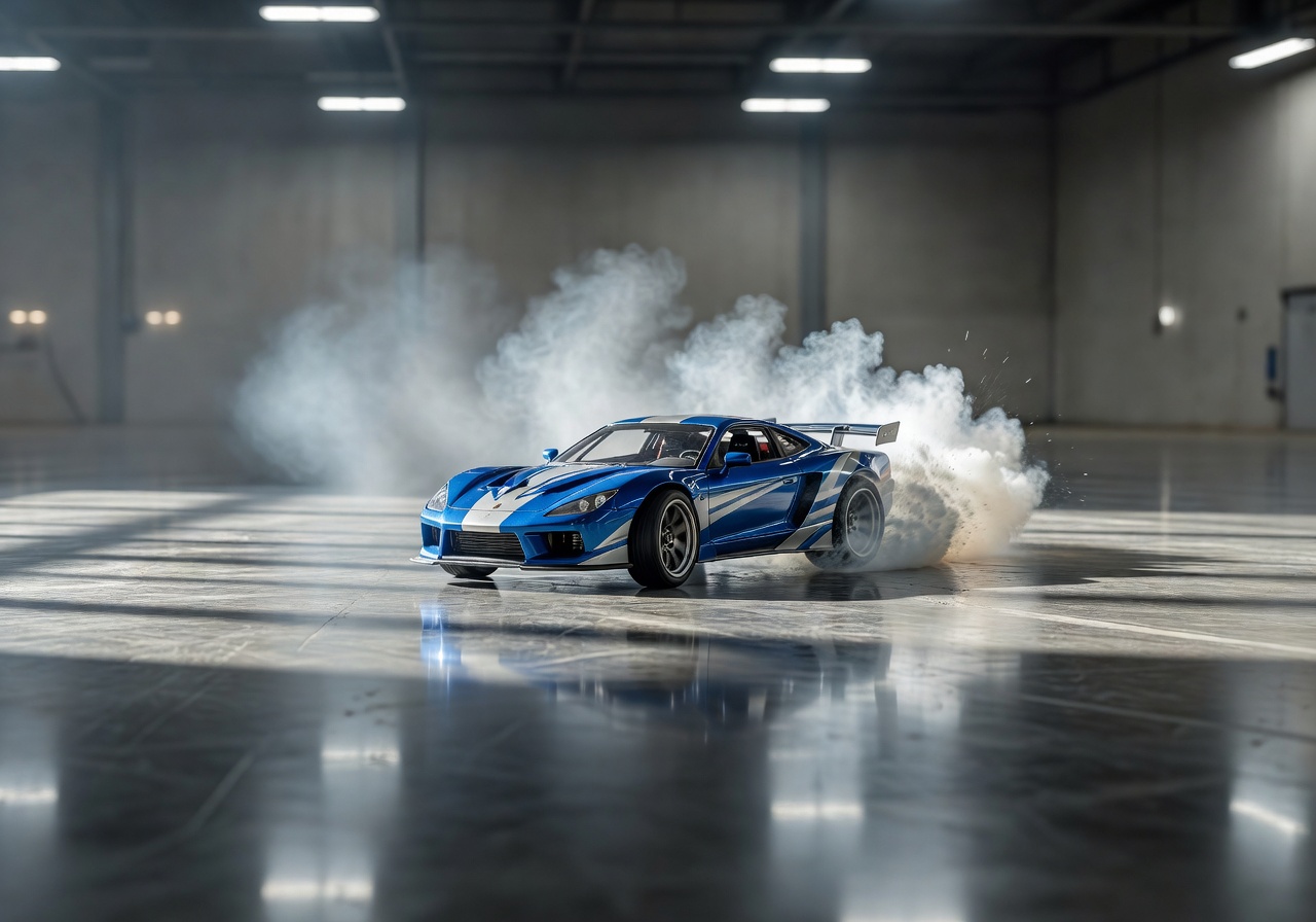 Drift RC car sliding sideways on polished concrete surface with tire smoke