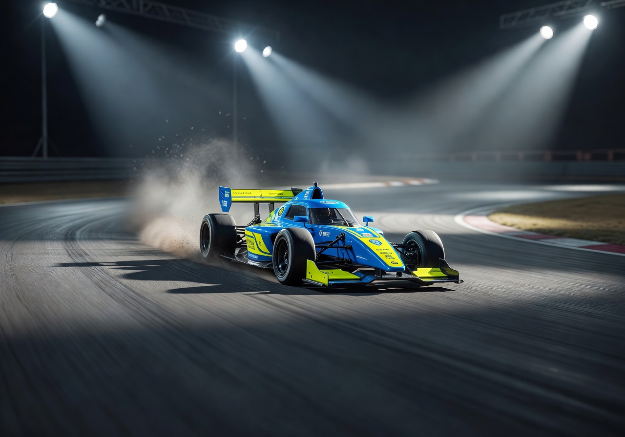 High-speed racing RC car on a smooth asphalt track under dramatic lighting