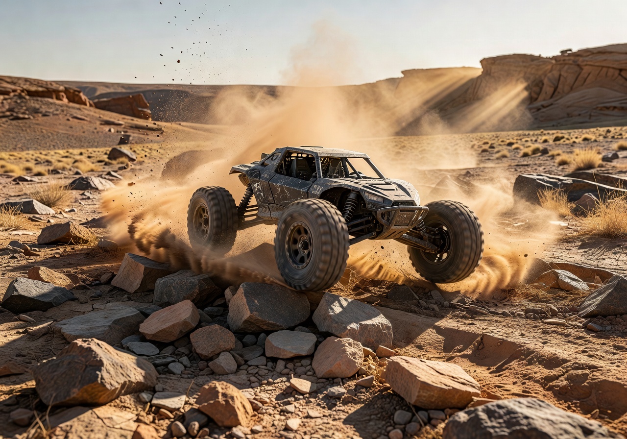 Off-road RC buggy conquering rocky terrain in dusty outdoor environment